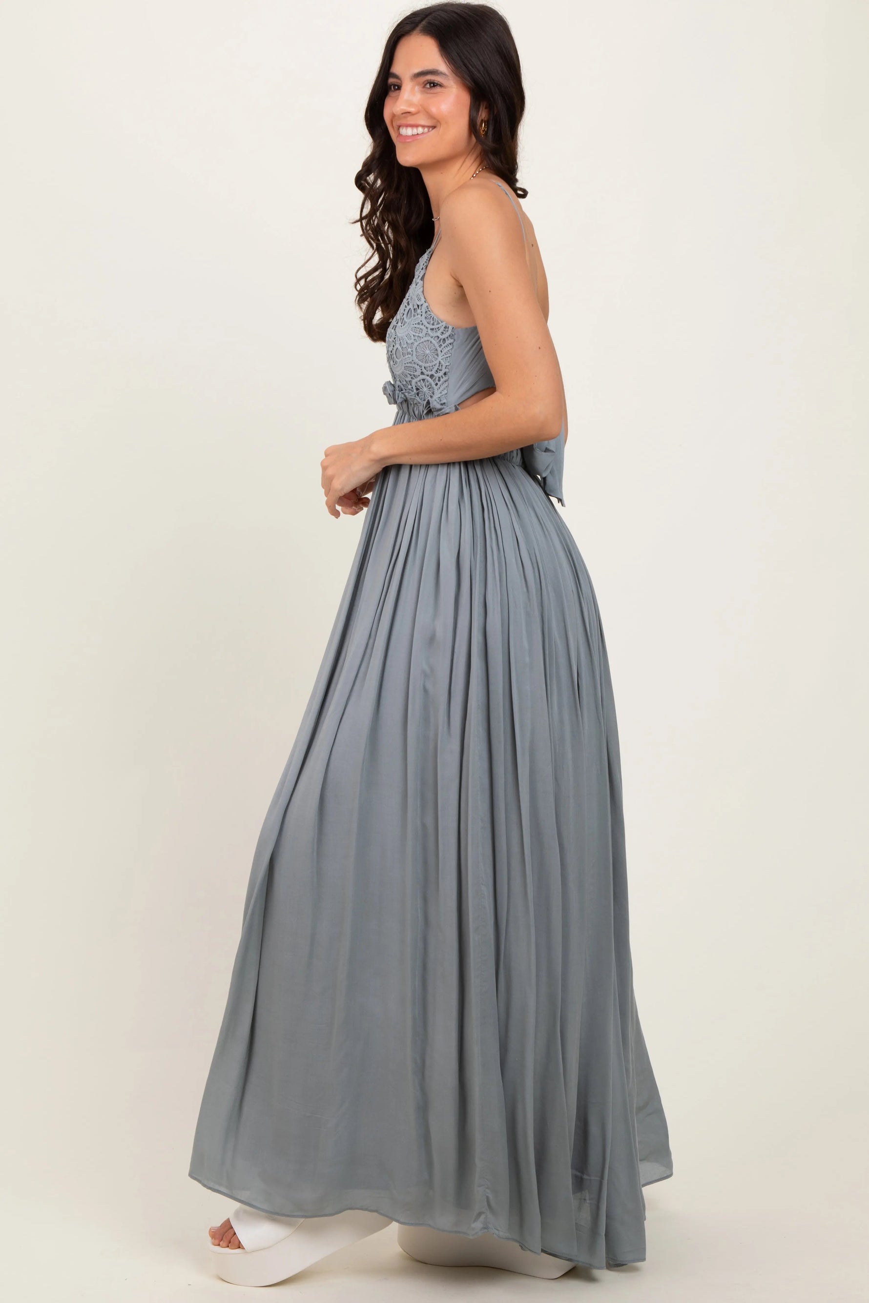 PinkBlush Grey Lace Bodice Cutout Tie Back Maxi Dress - 