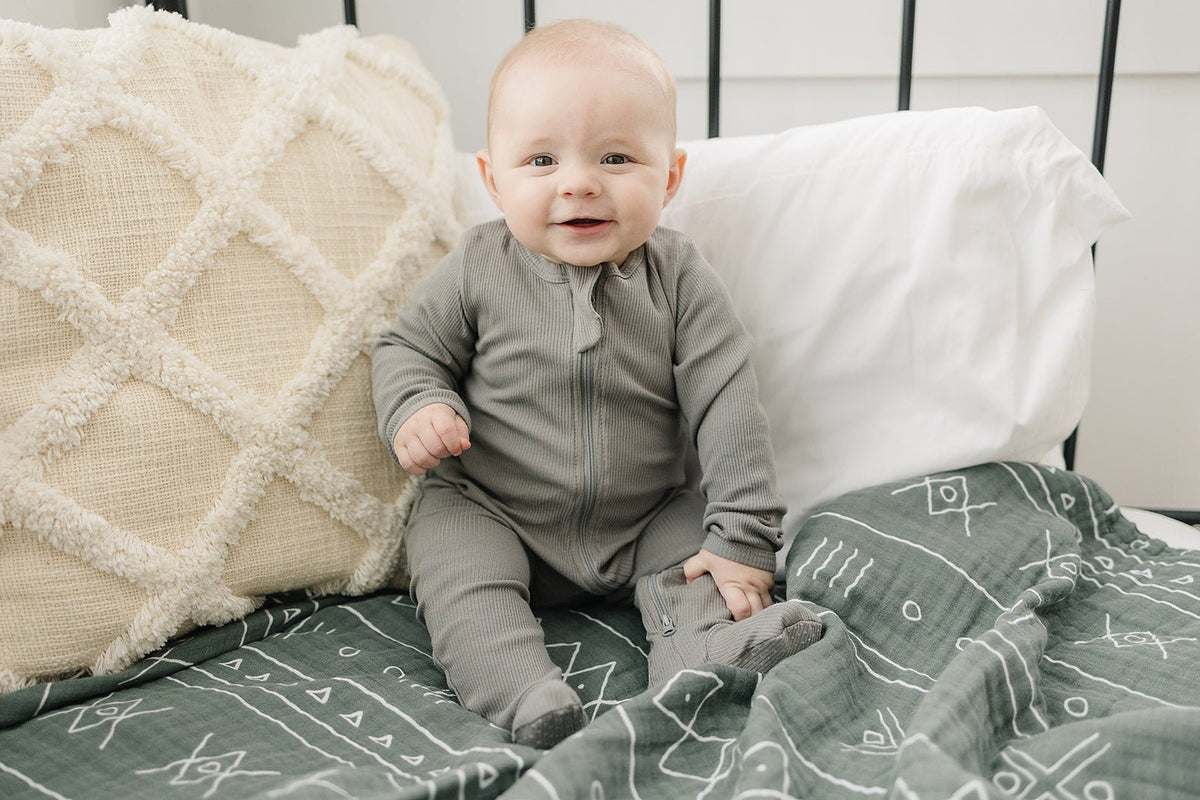 Mebie Baby Grey Organic Cotton Ribbed Footed Baby Pajamas With Double Zippers - 