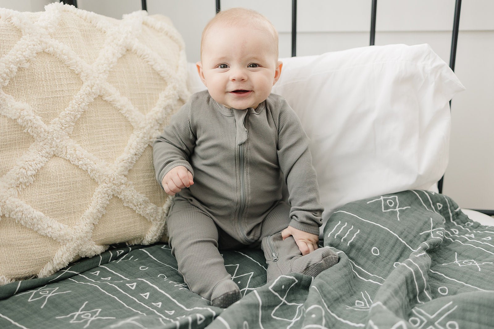 Mebie Baby Grey Organic Cotton Ribbed Footed Baby Pajamas With Double Zippers - 