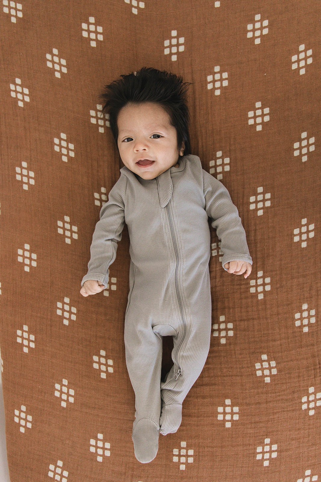 Mebie Baby Grey Organic Cotton Ribbed Footed Baby Pajamas With Double Zippers - 
