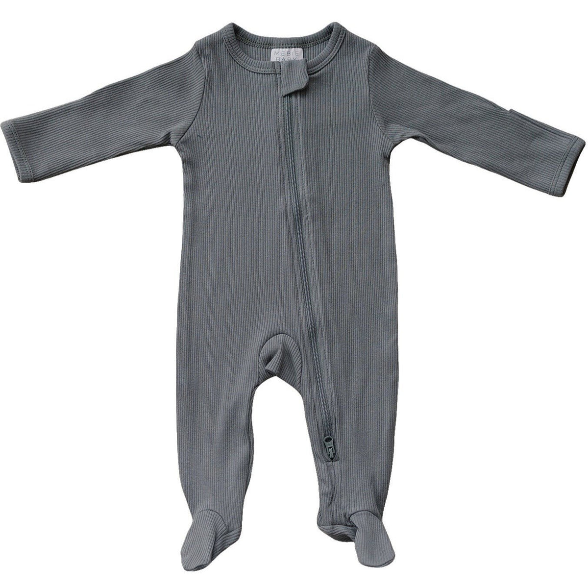 Mebie Baby Grey Organic Cotton Ribbed Footed Baby Pajamas With Double Zippers - 
