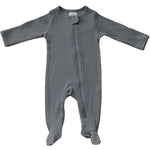 Mebie Baby Grey Organic Cotton Ribbed Footed Baby Pajamas With Double Zippers - 