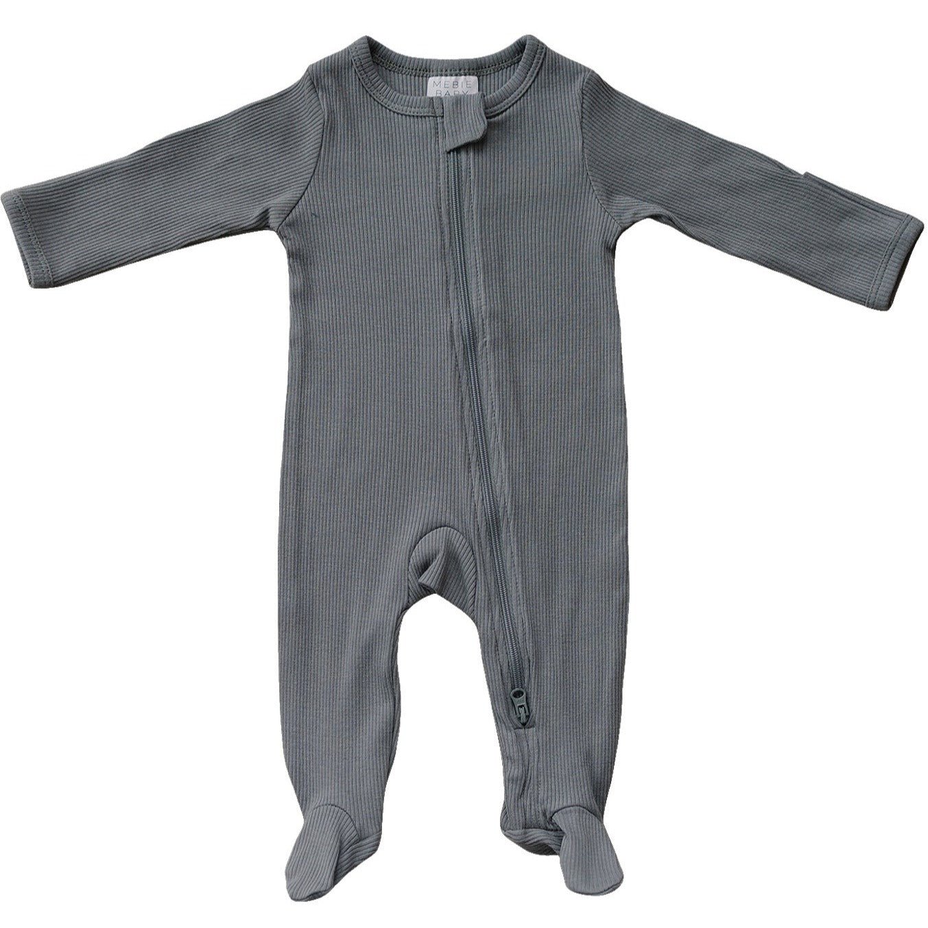 Mebie Baby Grey Organic Cotton Ribbed Footed Baby Pajamas With Double Zippers - 