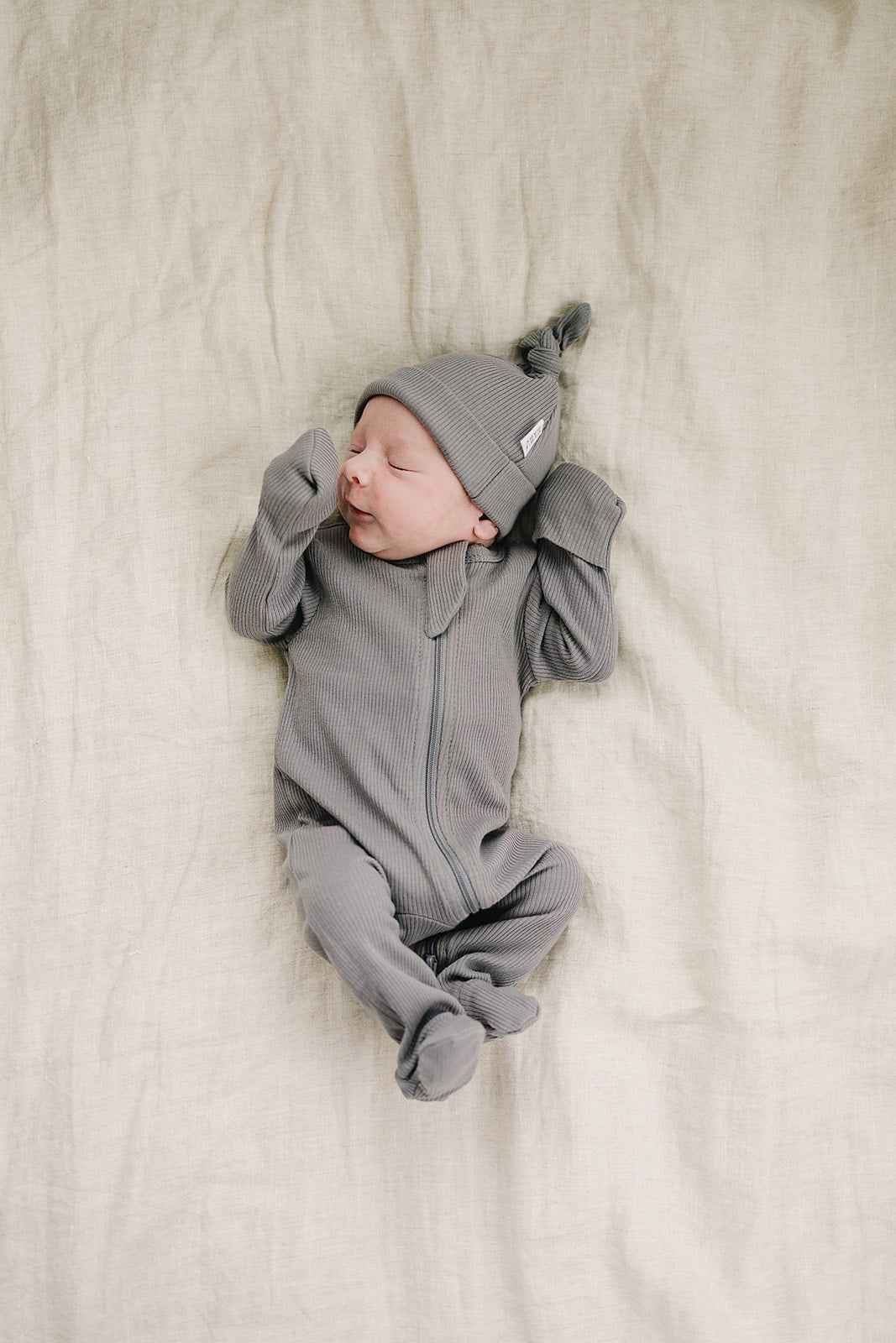 Mebie Baby Grey Organic Cotton Ribbed Footed Baby Pajamas With Double Zippers - 