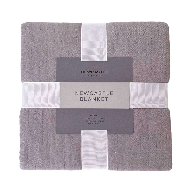 Grey oversized king luxury bamboo bed blanket folded and packaged.