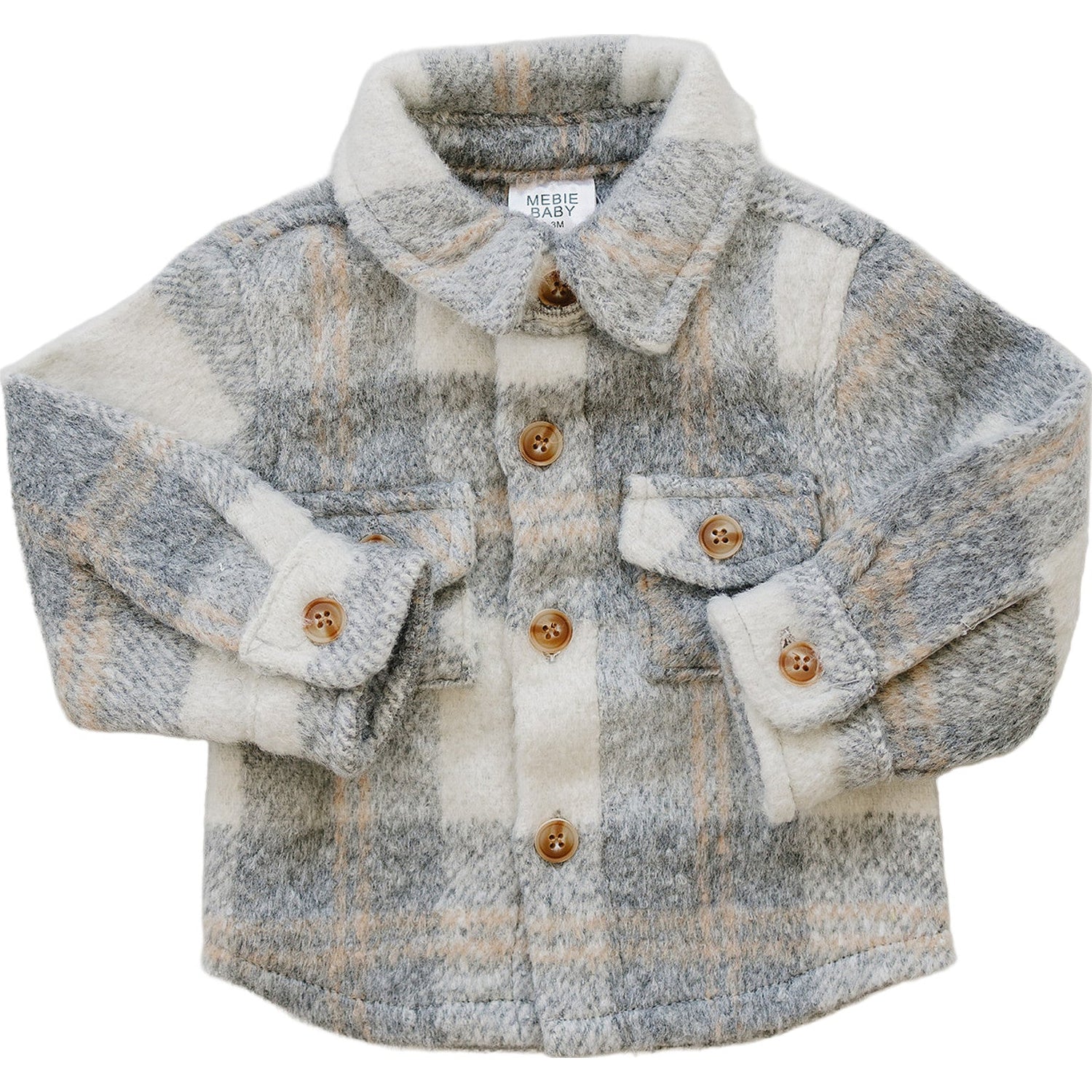 Grey plaid shacket with button-down front closure and chest pockets, styled as a shirt-jacket layer.