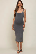 PinkBlush Grey Rib Knit Maternity Midi Dress with Lace Up Back for Expecting Moms - 