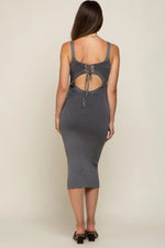 PinkBlush Grey Rib Knit Maternity Midi Dress with Lace Up Back for Expecting Moms - 