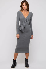 PinkBlush Grey Ribbed Long Sleeve Wrap Dress - 
