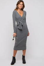 PinkBlush Grey Ribbed Long Sleeve Wrap Dress - 