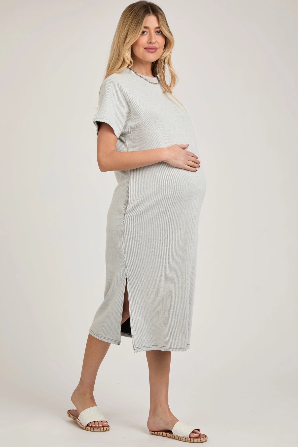 PinkBlush Grey Ribbed Short Dolman Sleeve Side Slit Maternity Midi Dress - 