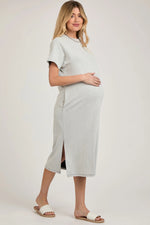 PinkBlush Grey Ribbed Short Dolman Sleeve Side Slit Maternity Midi Dress - 