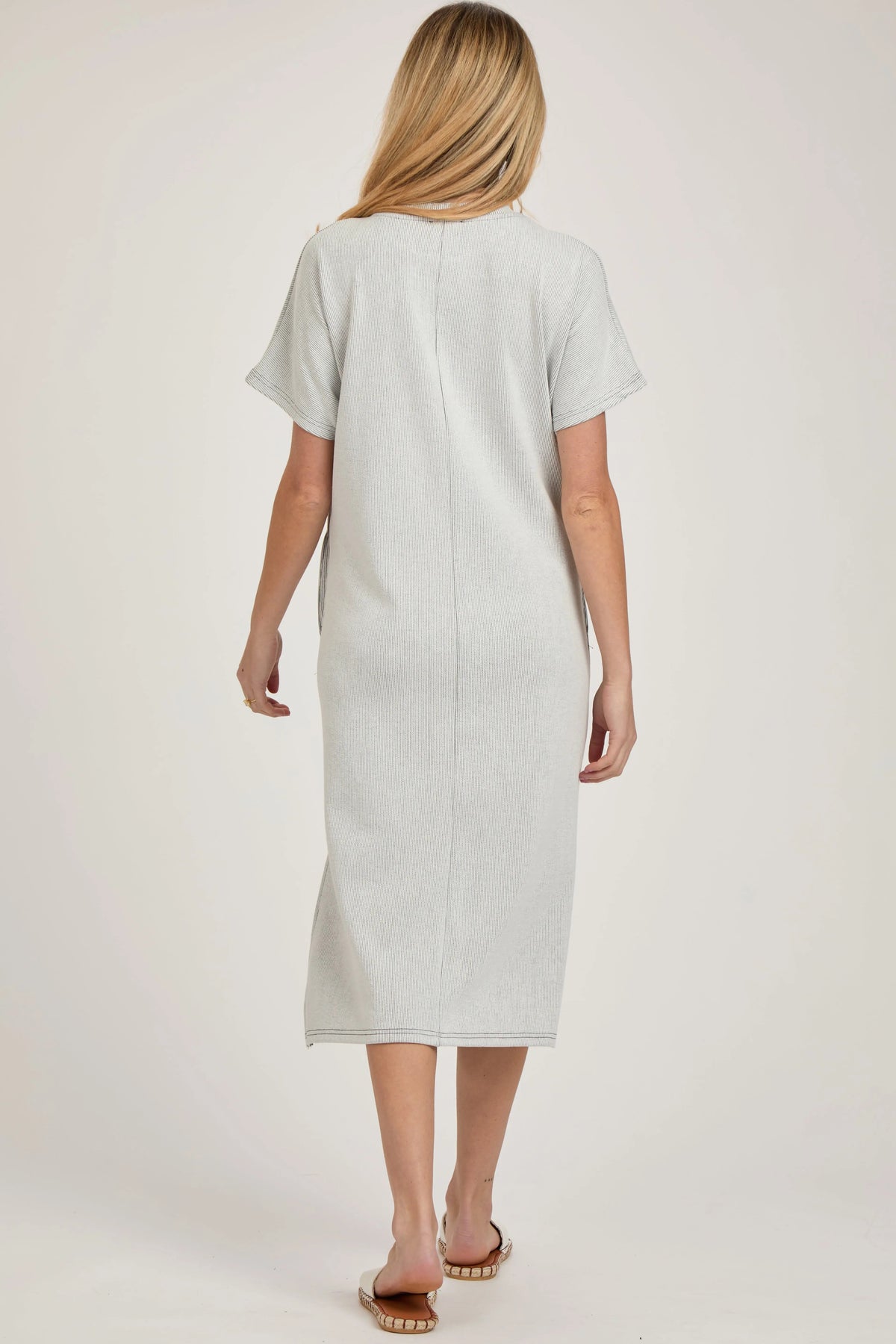 PinkBlush Grey Ribbed Short Dolman Sleeve Side Slit Maternity Midi Dress - 
