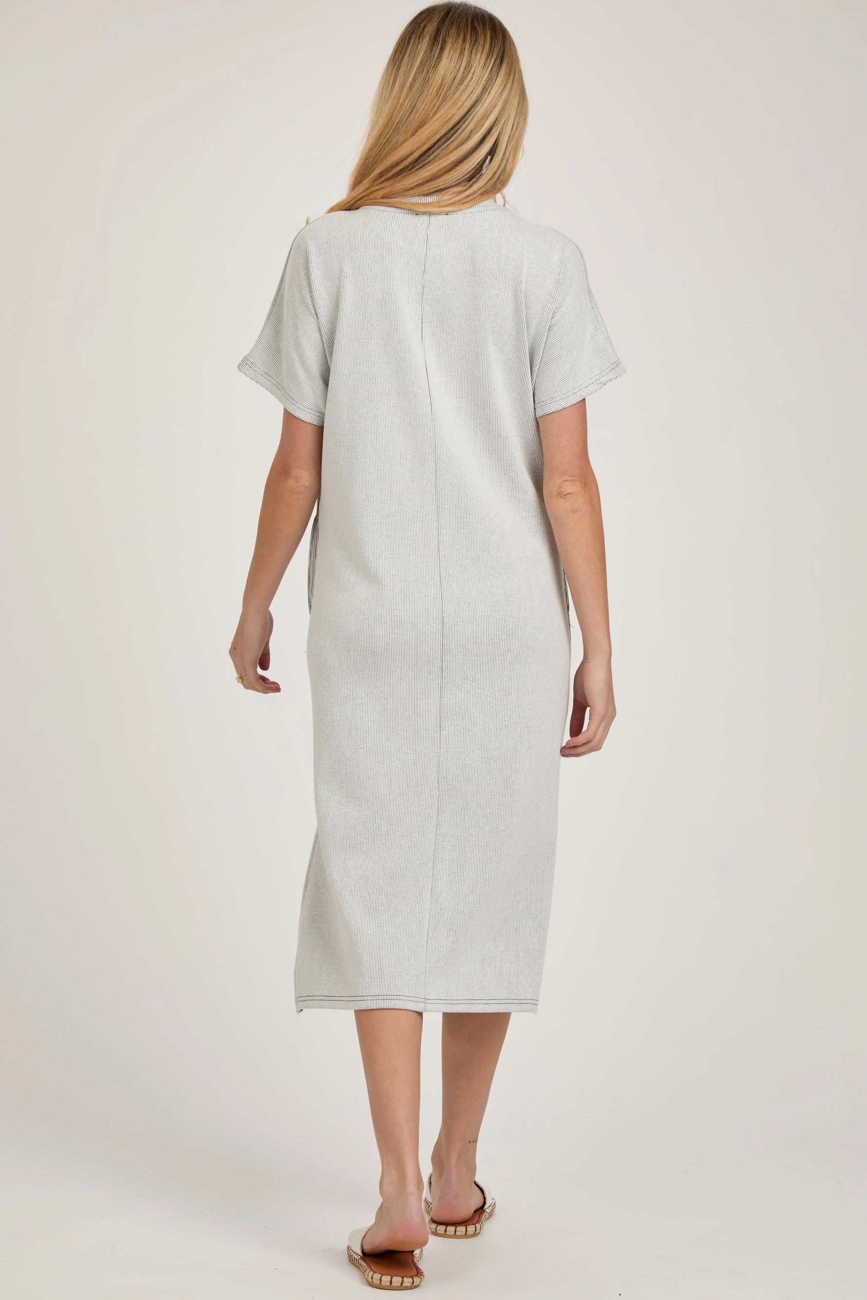 PinkBlush Grey Ribbed Short Dolman Sleeve Side Slit Maternity Midi Dress - 
