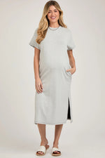 Grey Ribbed Short Dolman Sleeve Side Slit Maternity Midi Dress - Waist, One-piece garment, Day Dress, Person, Shoe | Everetts Place