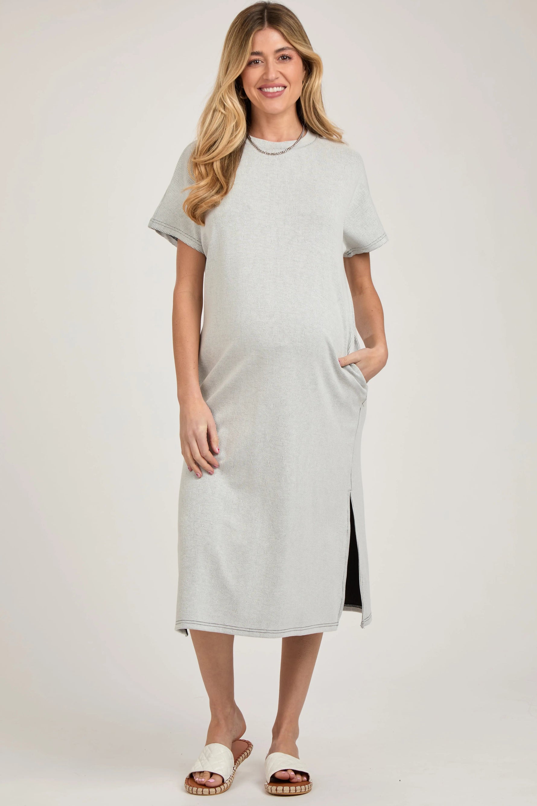 Grey Ribbed Short Dolman Sleeve Side Slit Maternity Midi Dress - Waist, One-piece garment, Day Dress, Person, Shoe | Everetts Place