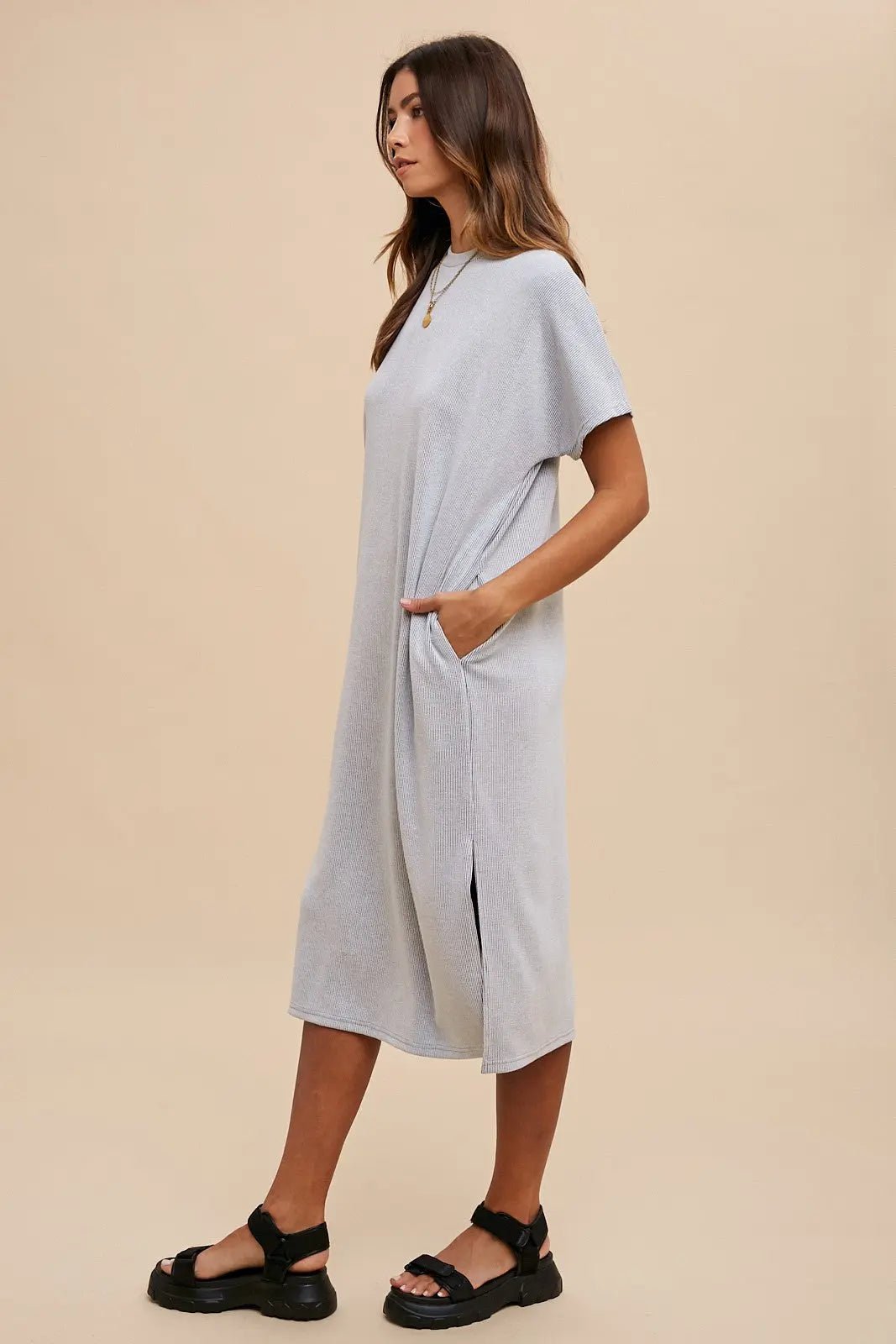 PinkBlush Grey Ribbed Short Dolman Sleeve Side Slit Midi Dress - 