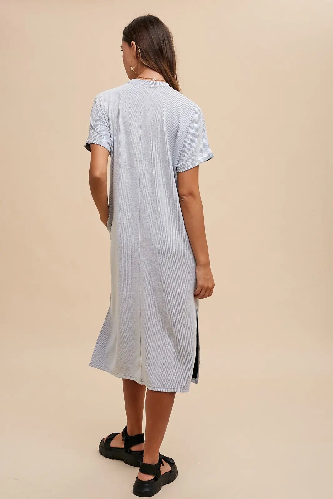 PinkBlush Grey Ribbed Short Dolman Sleeve Side Slit Midi Dress - 