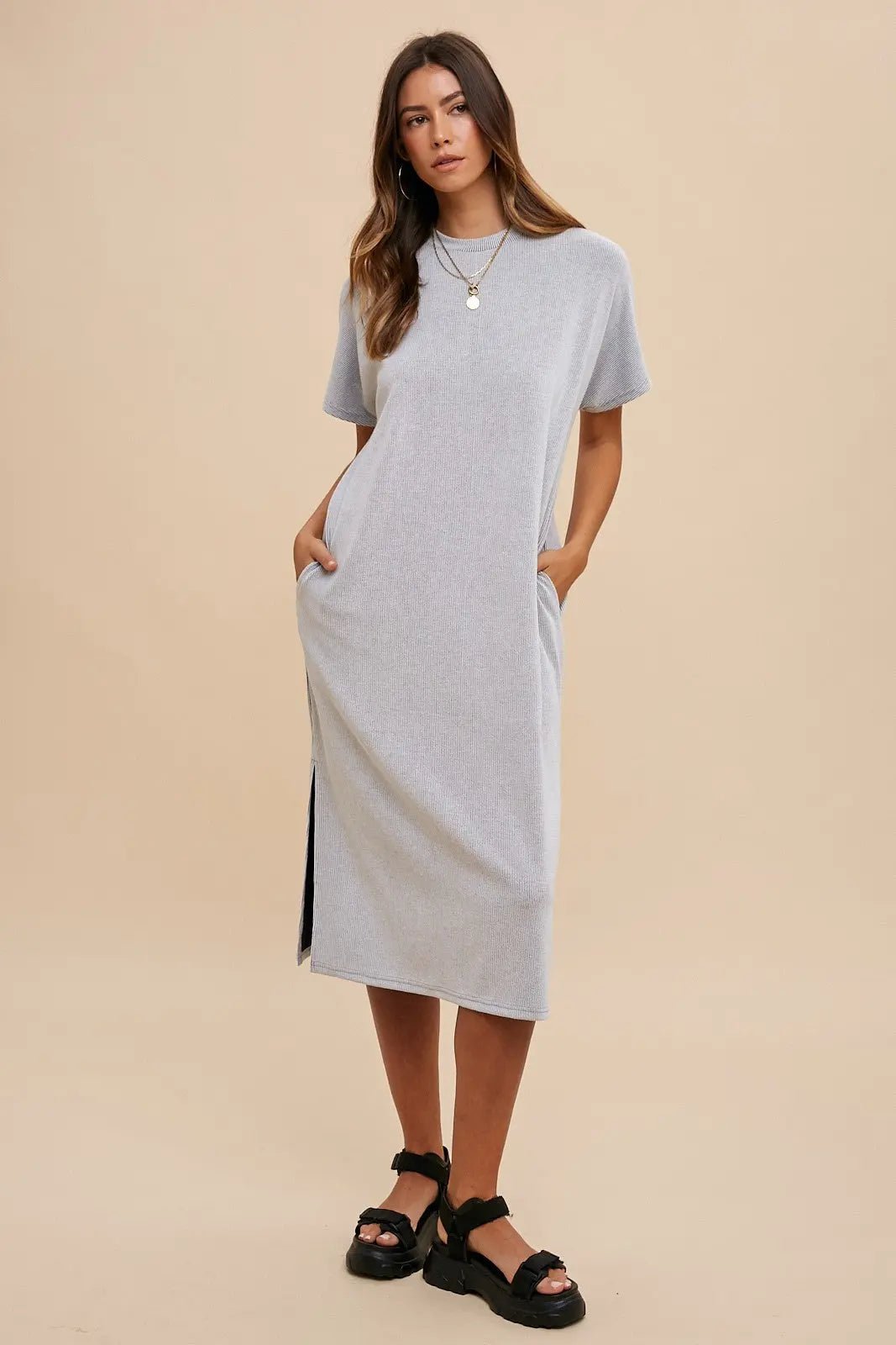 Grey Ribbed Short Dolman Sleeve Side Slit Midi Dress - Fashion, One-piece garment, Waist, Day Dress, Fashion design | Everetts Place