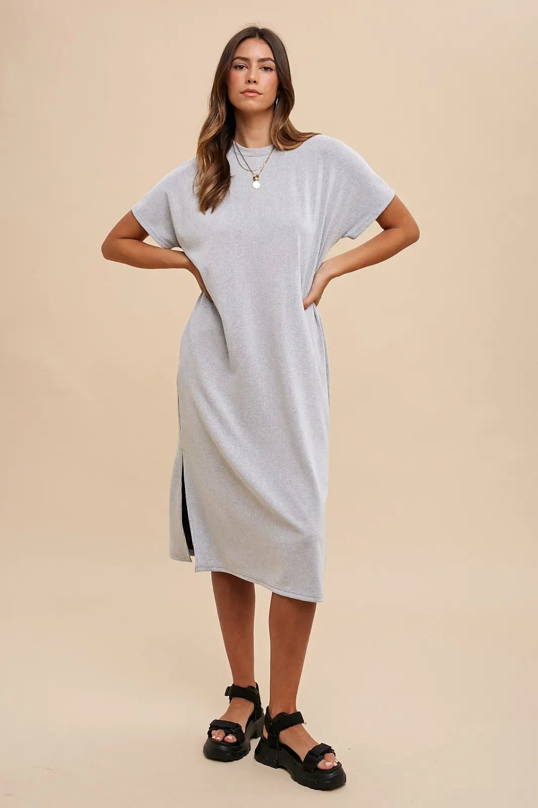 PinkBlush Grey Ribbed Short Dolman Sleeve Side Slit Midi Dress - 