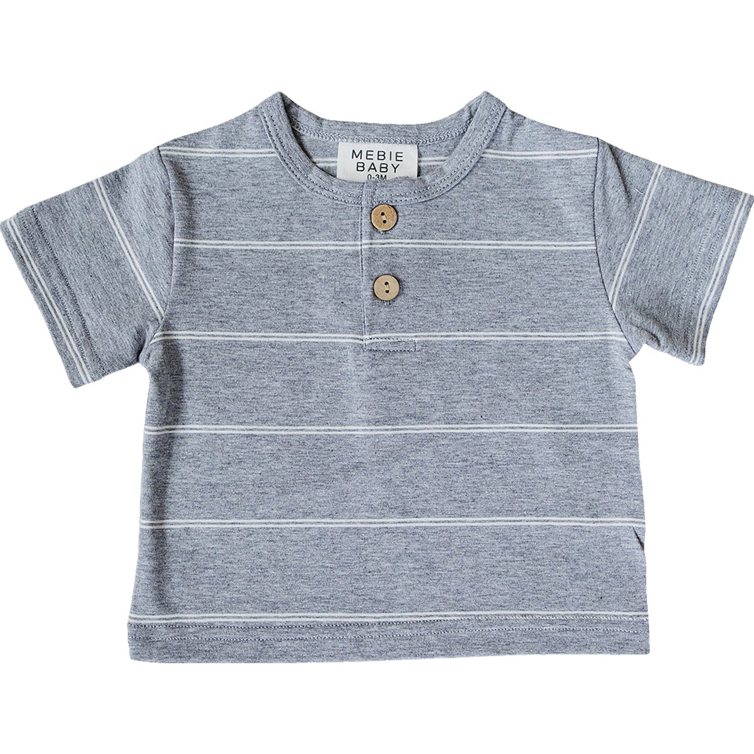 Grey striped baby tee with a button-front detail and short sleeves