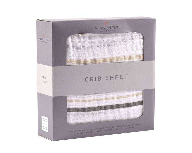 Grey Stripe Crib Sheet in packaging for standard crib mattress.