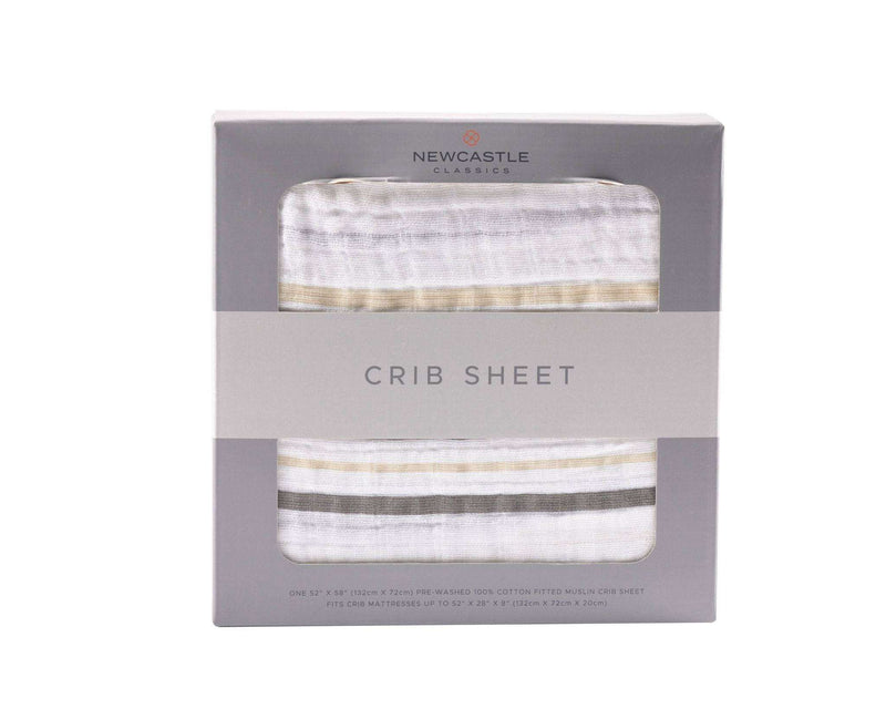 Grey Stripe Crib Sheet in packaging, 100% cotton, breathable and soft fabric.