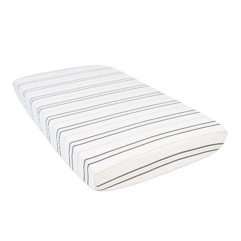 Grey Stripe Crib Sheet on mattress with soft breathable fabric.