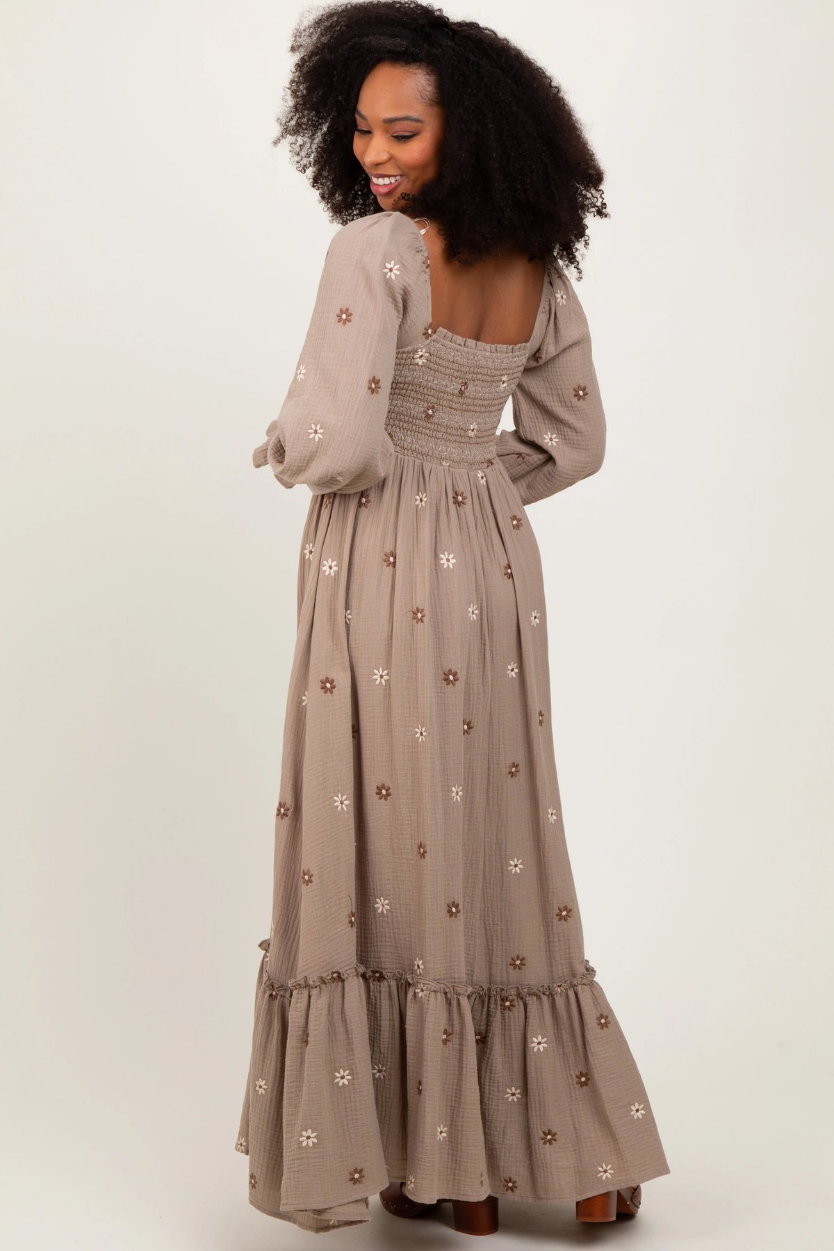 PinkBlush Grey Taupe Long Sleeve Floral Accent Dress - 