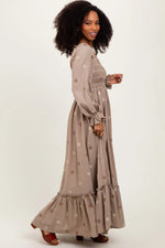 PinkBlush Grey Taupe Long Sleeve Floral Accent Dress - 