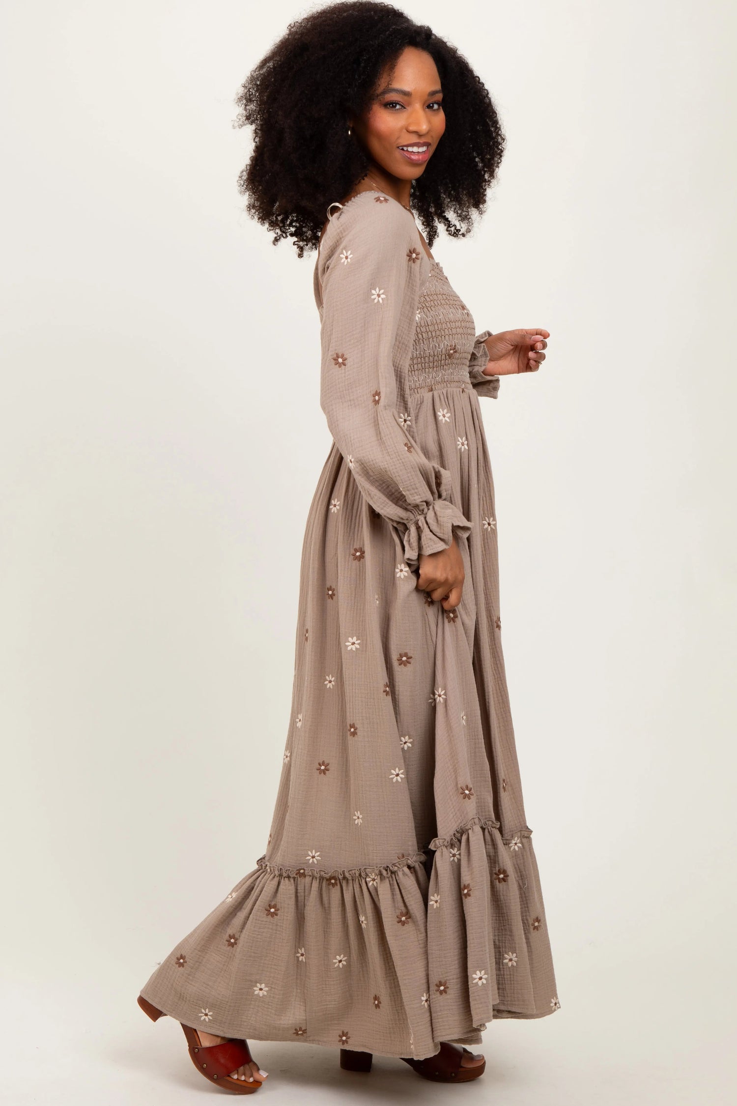 PinkBlush Grey Taupe Long Sleeve Floral Accent Dress - 