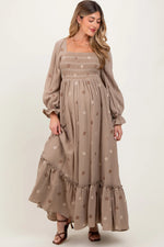 PinkBlush Grey Taupe Long Sleeve Floral Accent Maternity Dress - 