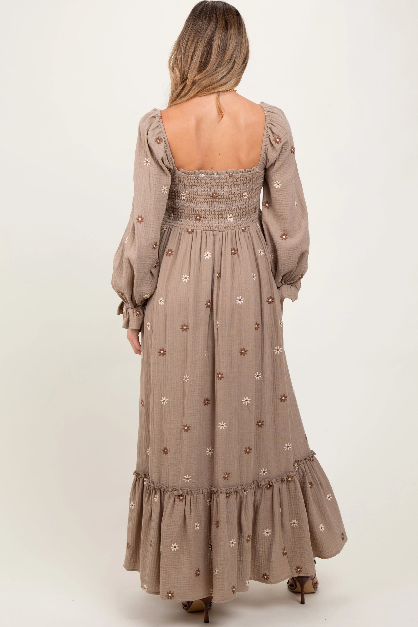 PinkBlush Grey Taupe Long Sleeve Floral Accent Maternity Dress - 