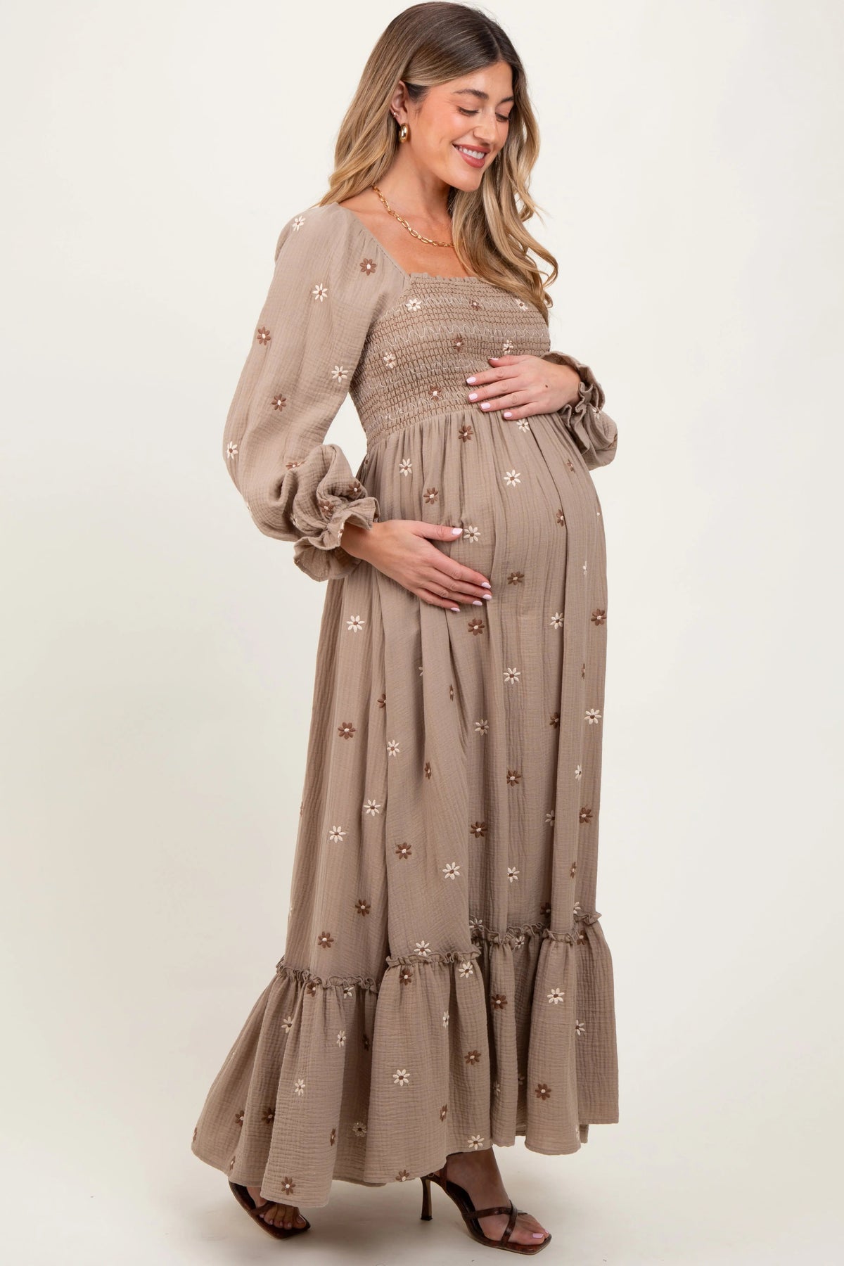 PinkBlush Grey Taupe Long Sleeve Floral Accent Maternity Dress - 