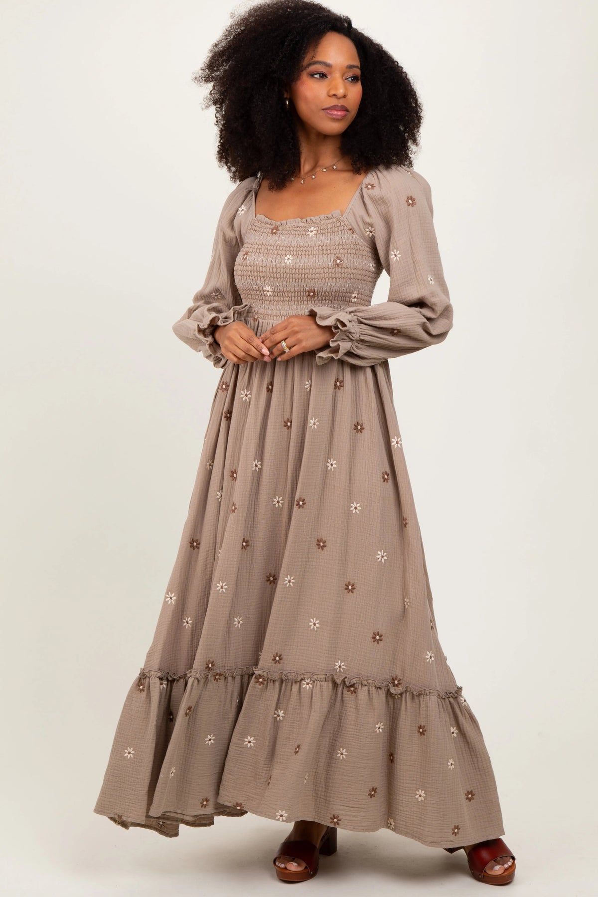 PinkBlush Grey Taupe Long Sleeve Floral Accent Maternity Dress - 