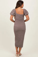 PinkBlush Grey Textured Square Neck Puff Sleeve Maternity Midi Dress - 