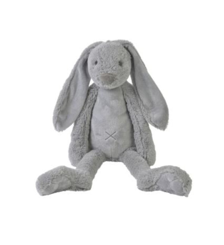 Soft grey plush rabbit with long floppy ears sitting upright