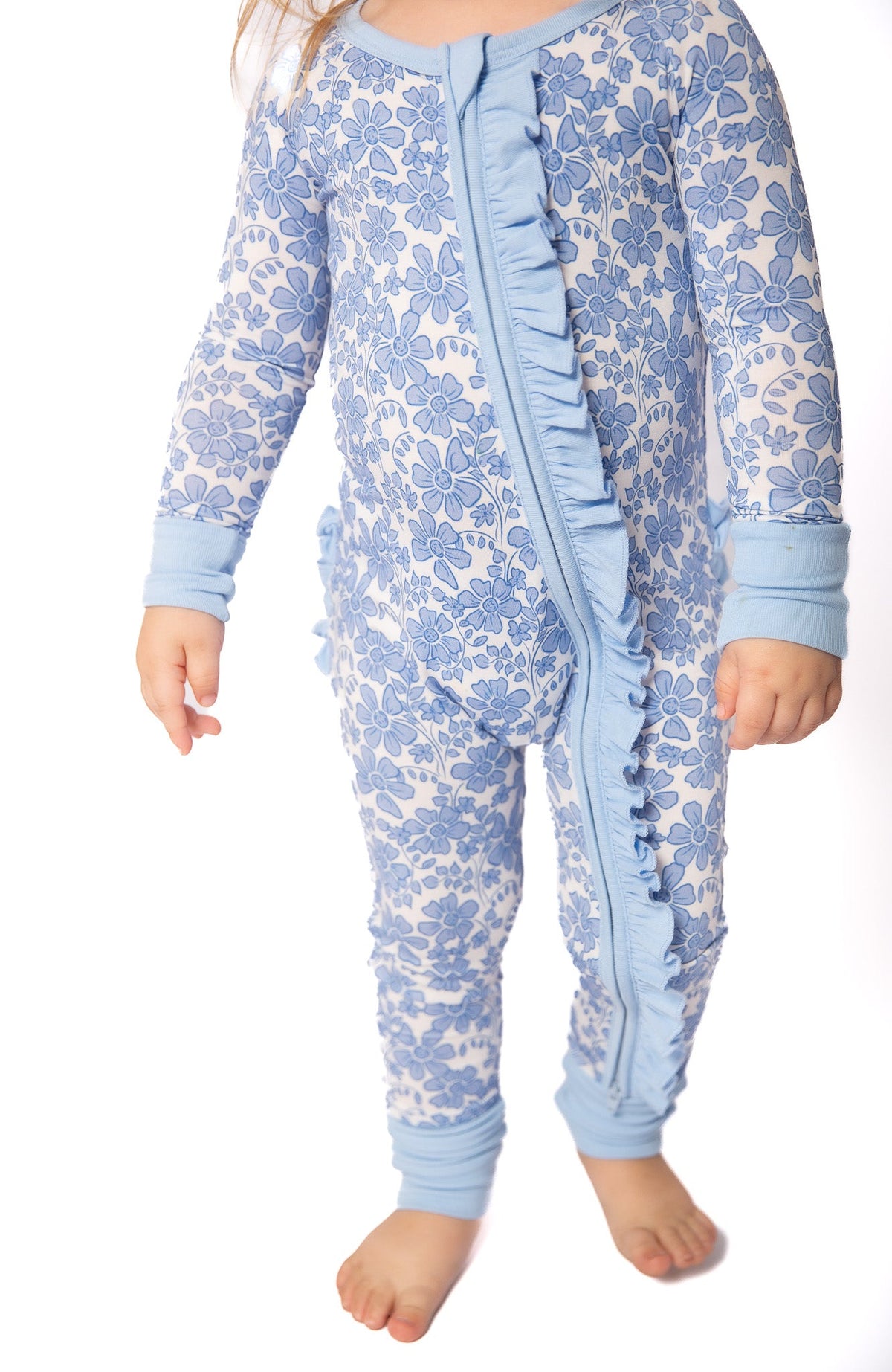 Blue Bonnet Bamboo Floral Onesie | Double Zip & Frills | Mommy & Me by Rayn’s Tiny Stitches