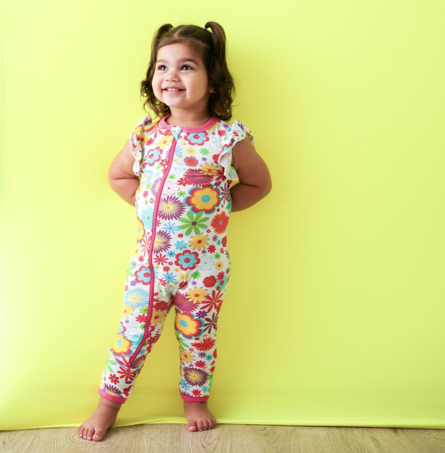 Bamboo Romper, Groovy Bloom, Flutter Sleeve, Dual Zipper