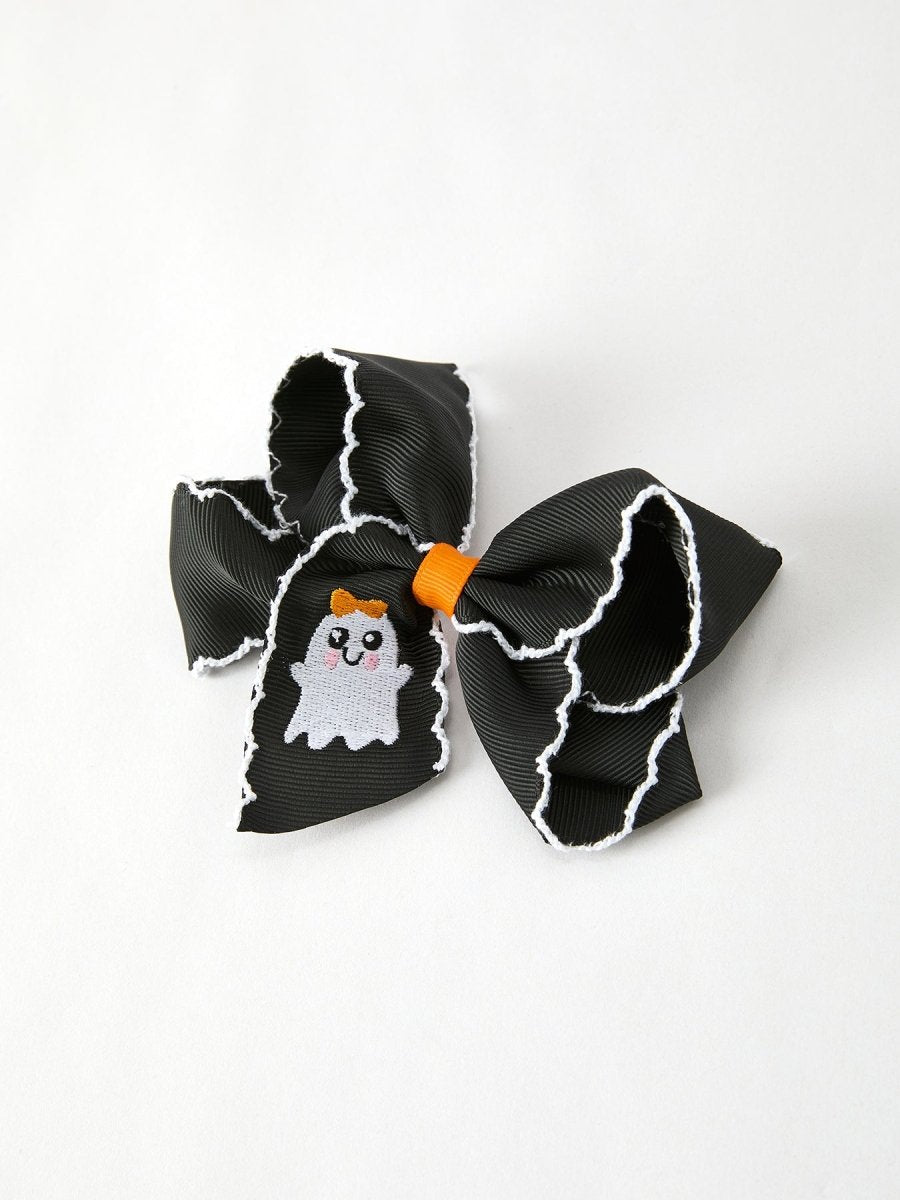 Rylee Faith Designs Halloween Ghost Embroidered Black Bow Hairpin Accessory - Everetts Place Boutique - 
