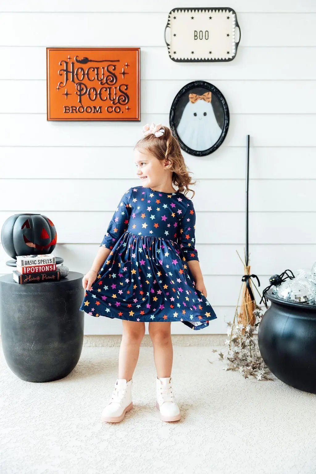 Mila & Rose ® Halloween Stars 3/4 Sleeve Pocket Twirl Dress - 