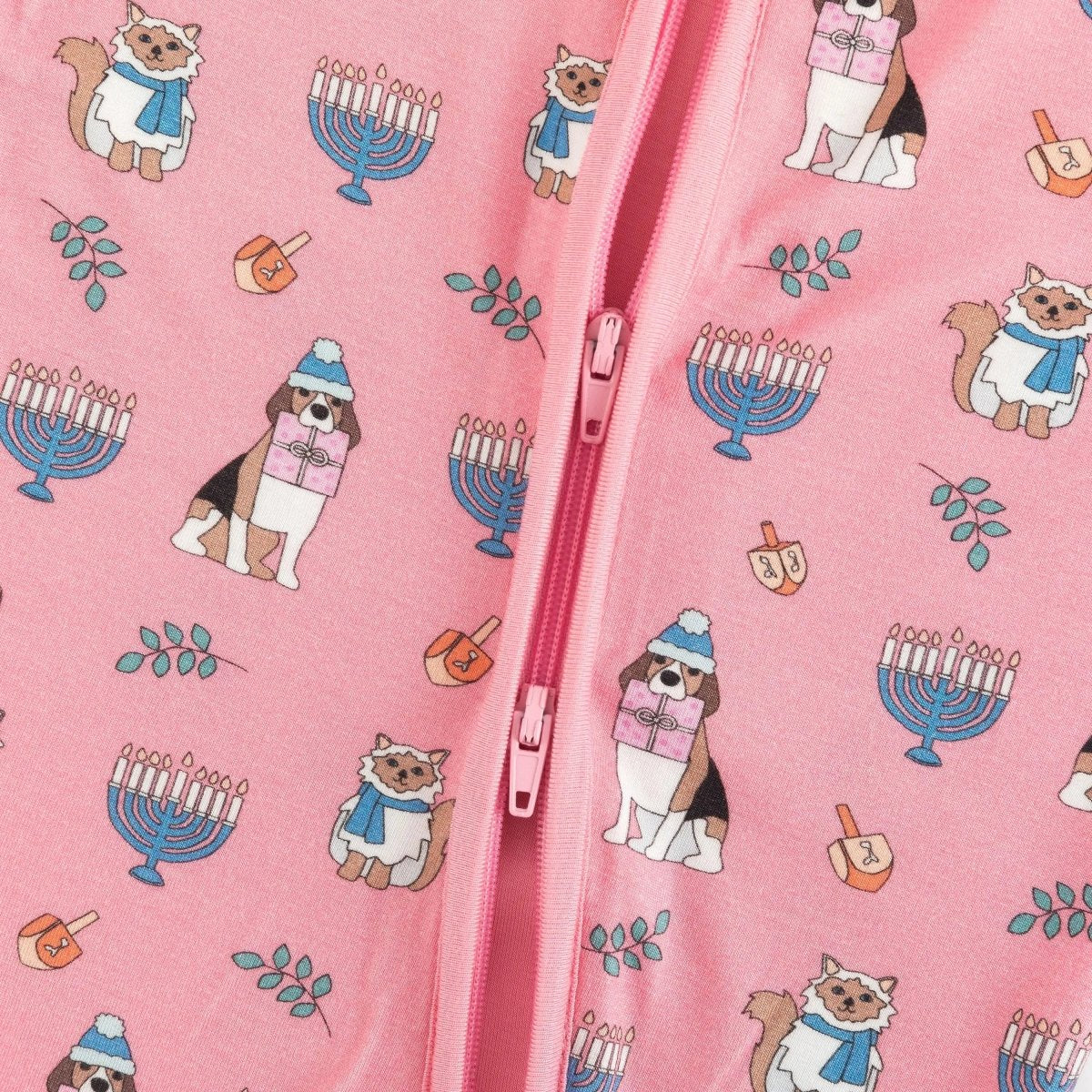 Dreamlet Hanukkah Pets Convertible Zip Footies Pink Baby Sleepwear - 