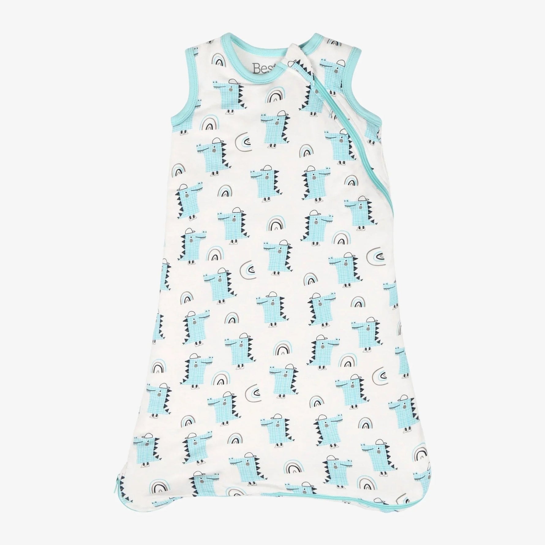 Sleeveless baby sleep bag with a happy crocodile print and full-length zipper