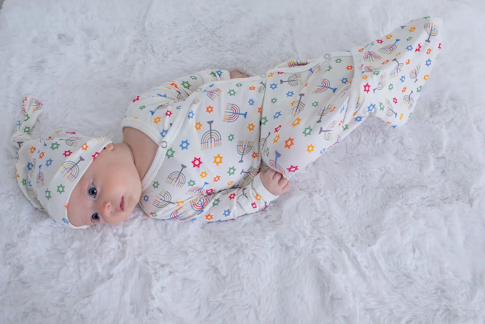 Bestaroo Happy Hanukkah Baby Gown And Hat Set In Soft Bamboo With Mittens - 