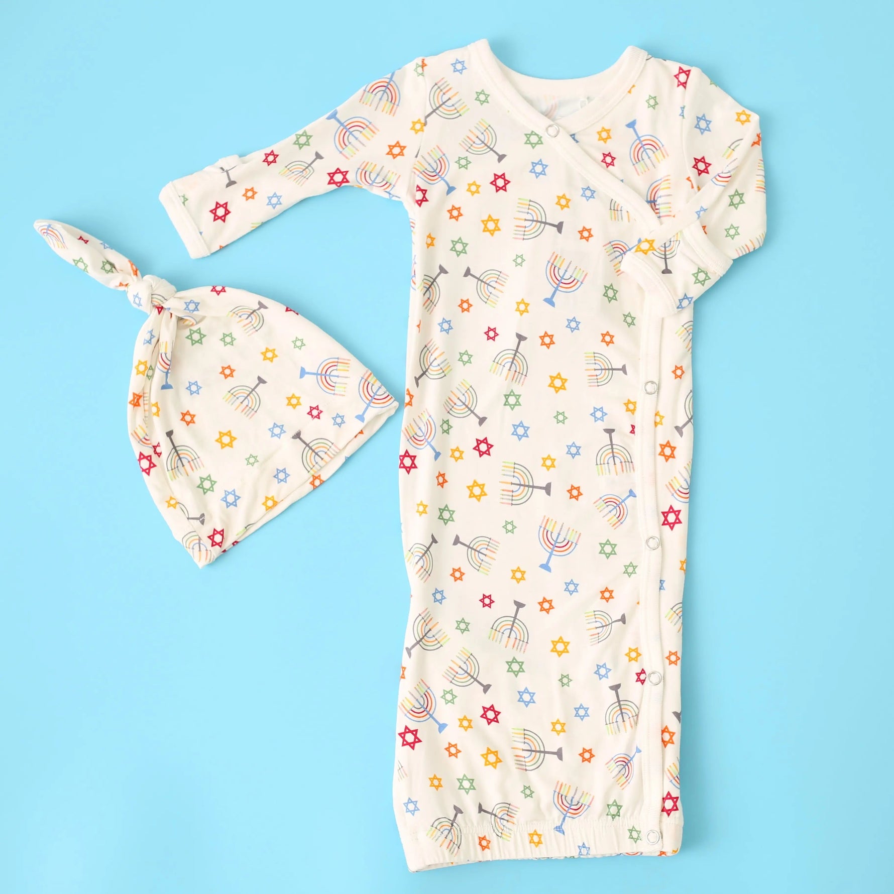 Bestaroo Happy Hanukkah Baby Gown And Hat Set In Soft Bamboo With Mittens - 
