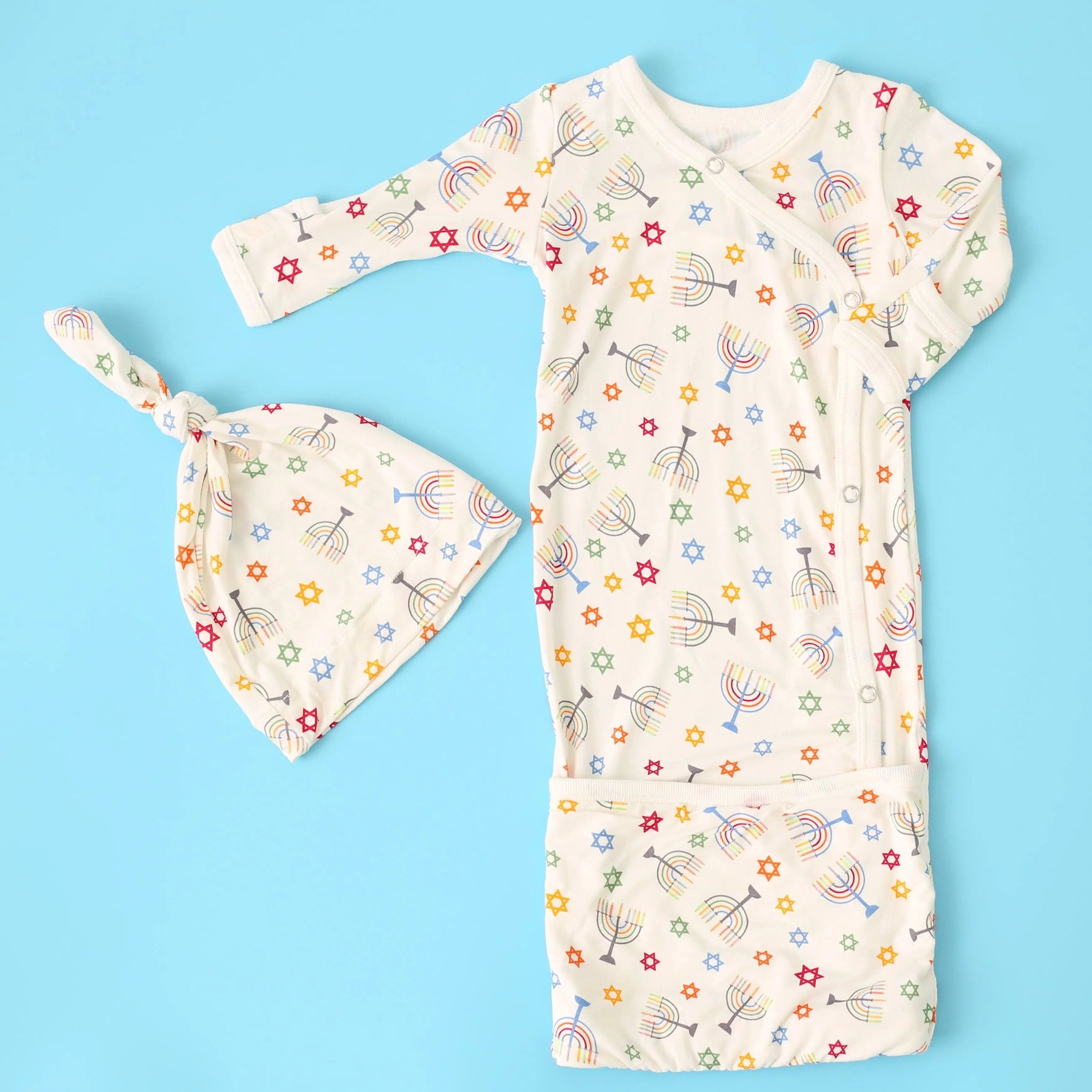 Bestaroo Happy Hanukkah Baby Gown And Hat Set In Soft Bamboo With Mittens - 