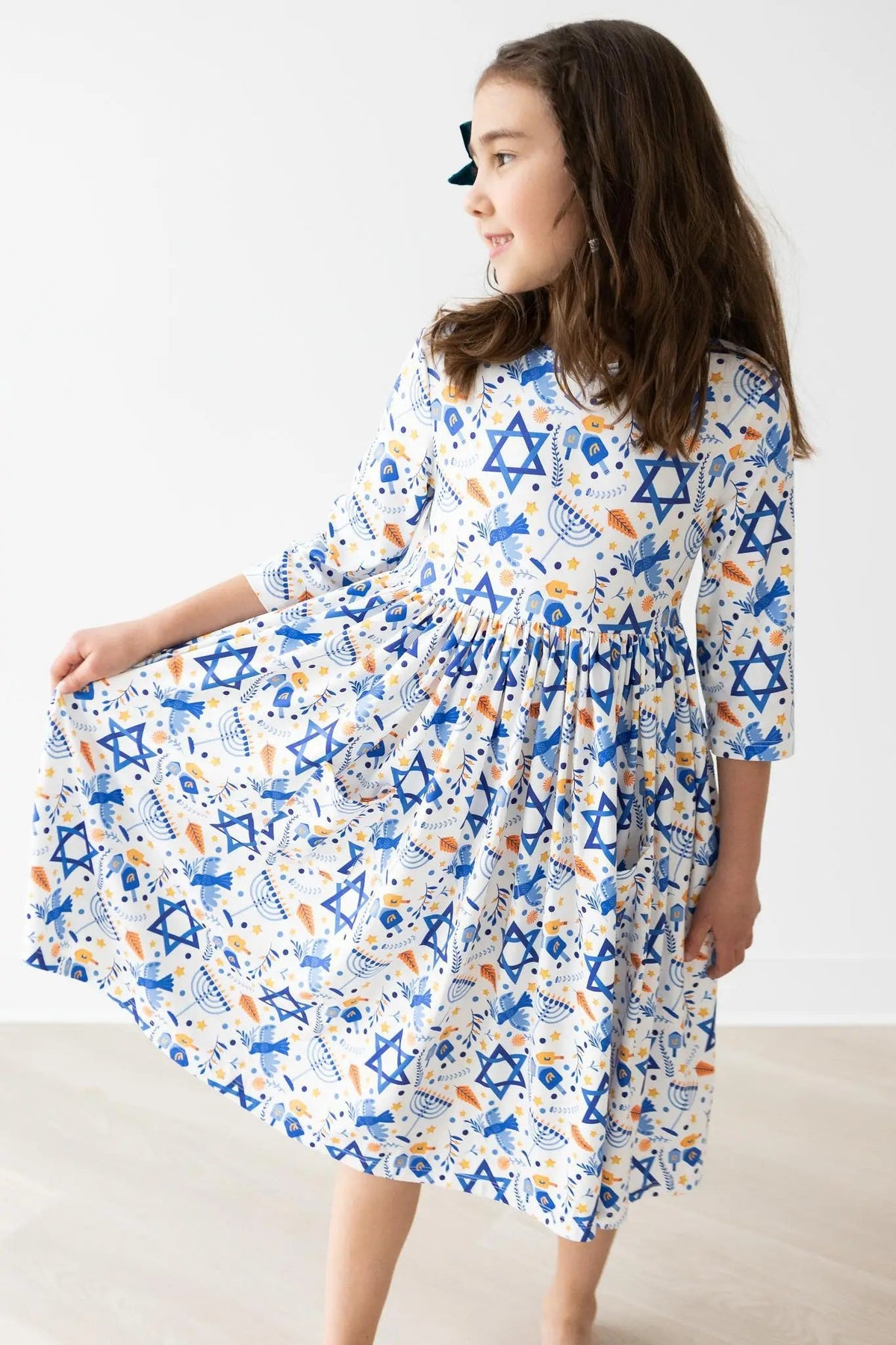 Mila & Rose ® Happy Hanukkah Girls Twirl Dress With Pockets Three Quarter Sleeve - 