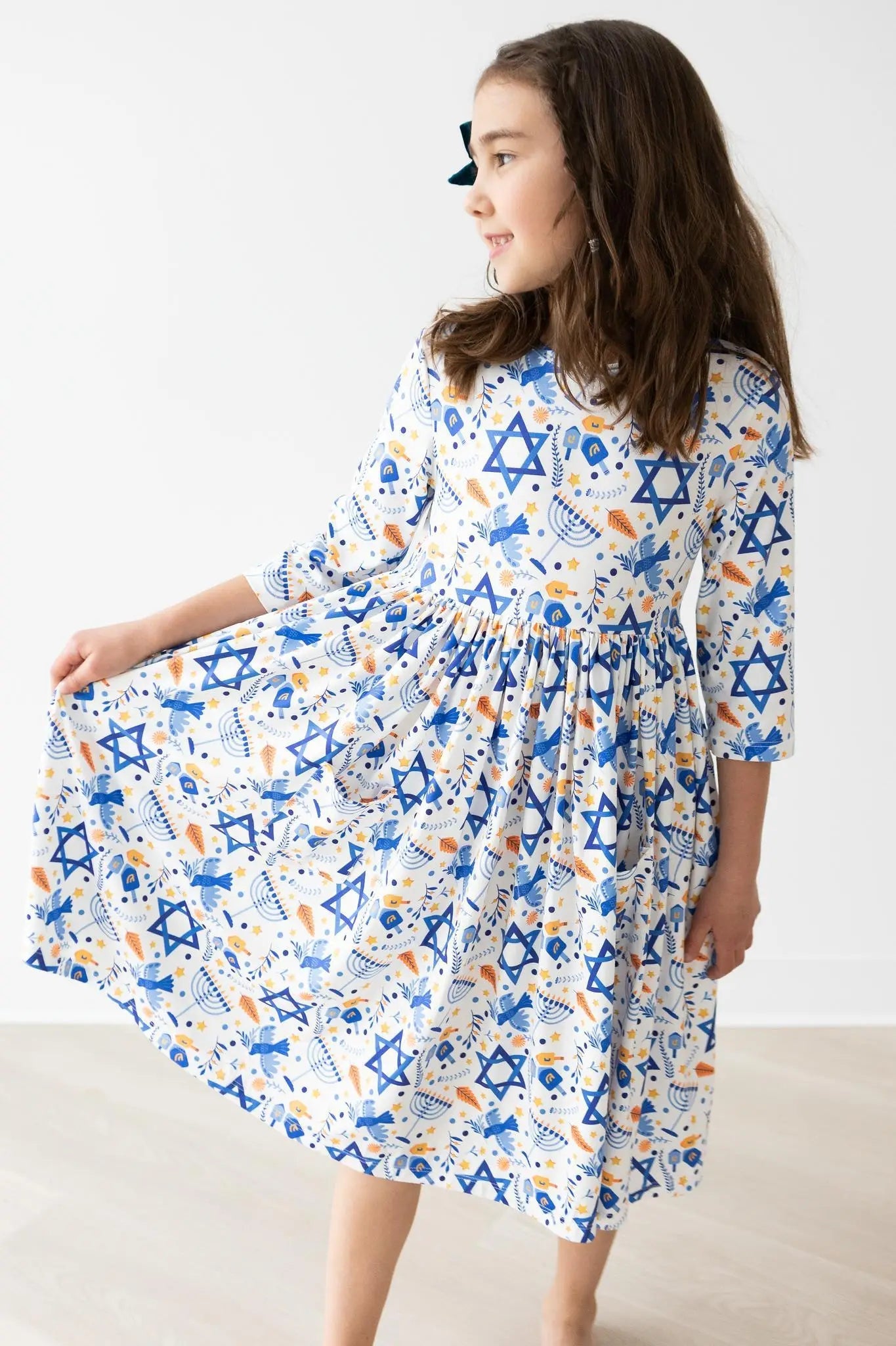 Mila & Rose ® Happy Hanukkah Girls Twirl Dress With Pockets Three Quarter Sleeve - 