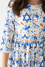 Mila & Rose ® Happy Hanukkah Girls Twirl Dress With Pockets Three Quarter Sleeve - 