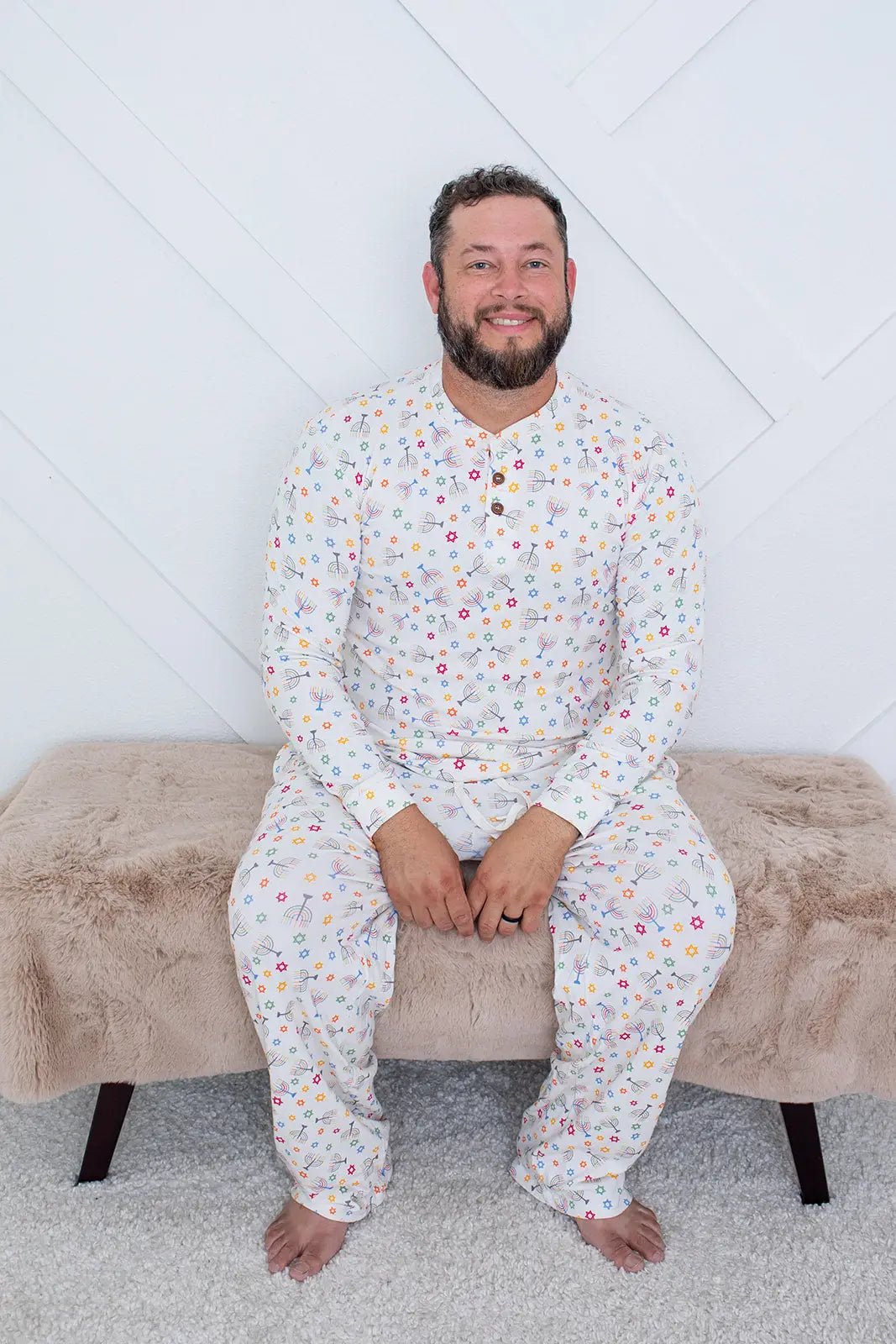 Bestaroo Happy Hanukkah Mens Pajama Set With Cotton Bamboo Blend Henley Top - 